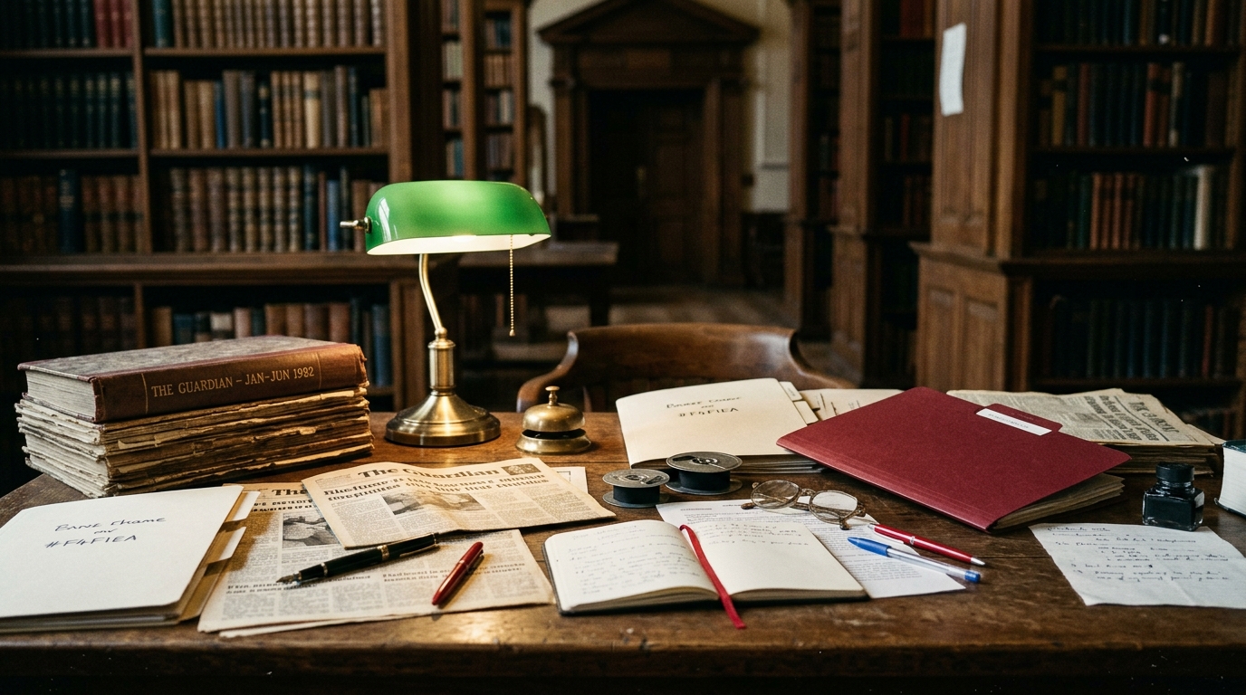 An editorial desk in a quiet library: stacked clippings, banker's lamp, color-coded folders, fountain pen. No people.