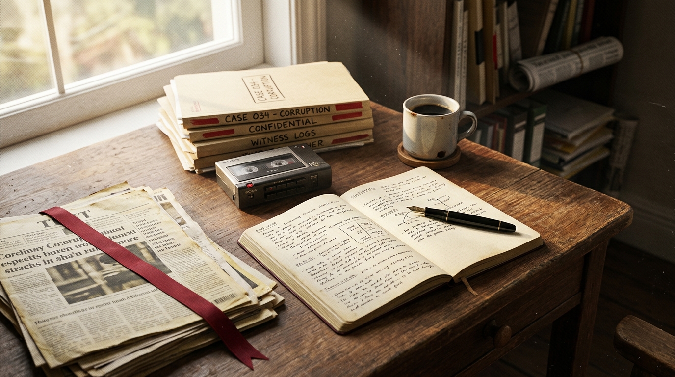 A reporter's desk in window light: open notebook, fountain pen, dictaphone, stacked newspaper clippings. No people.