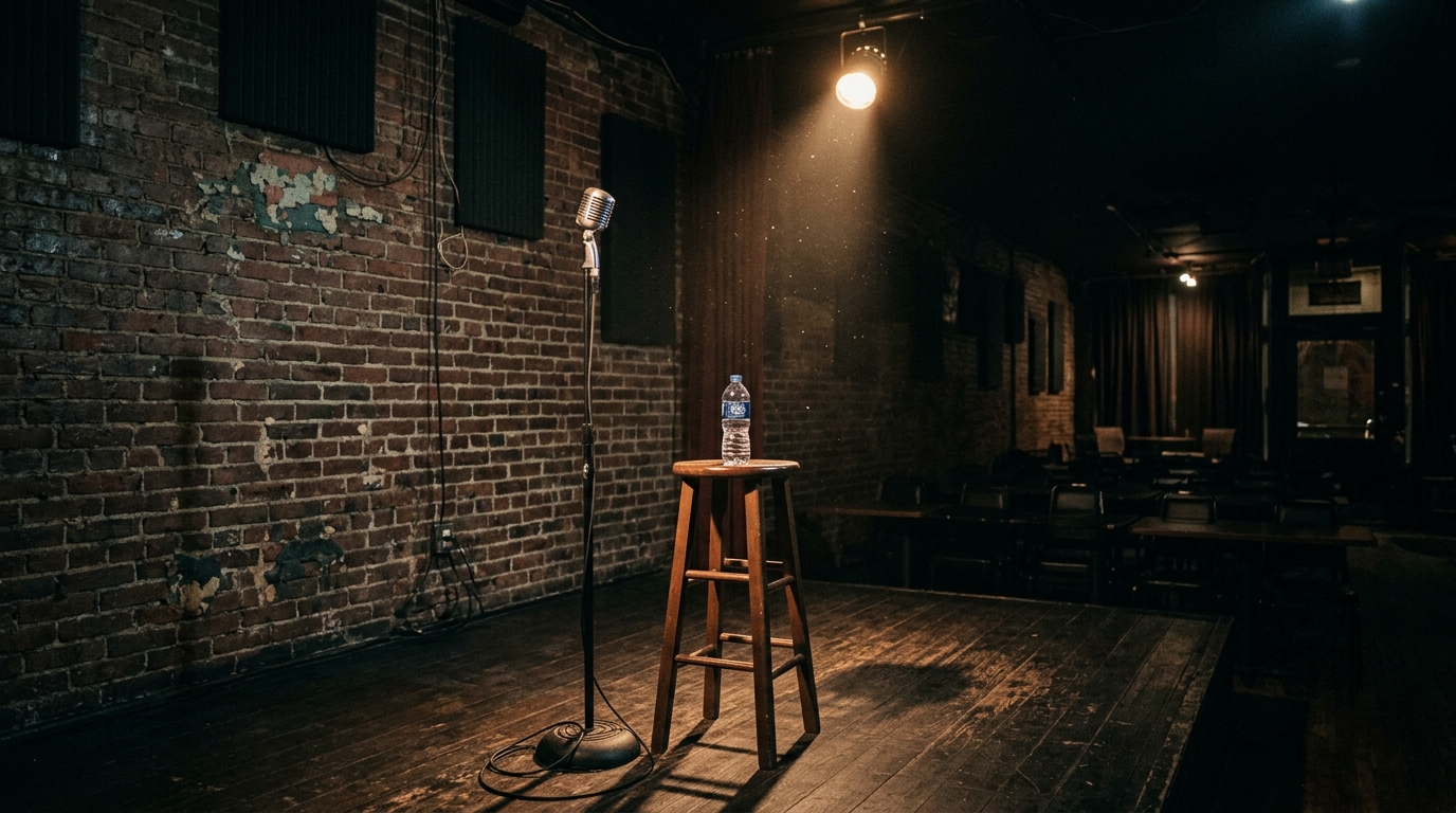 A vintage brick wall comedy club stage at night with a chrome microphone, an empty wooden stool, a half-empty water bottle — atmospheric mood image, not a portrait of Amy Schumer.