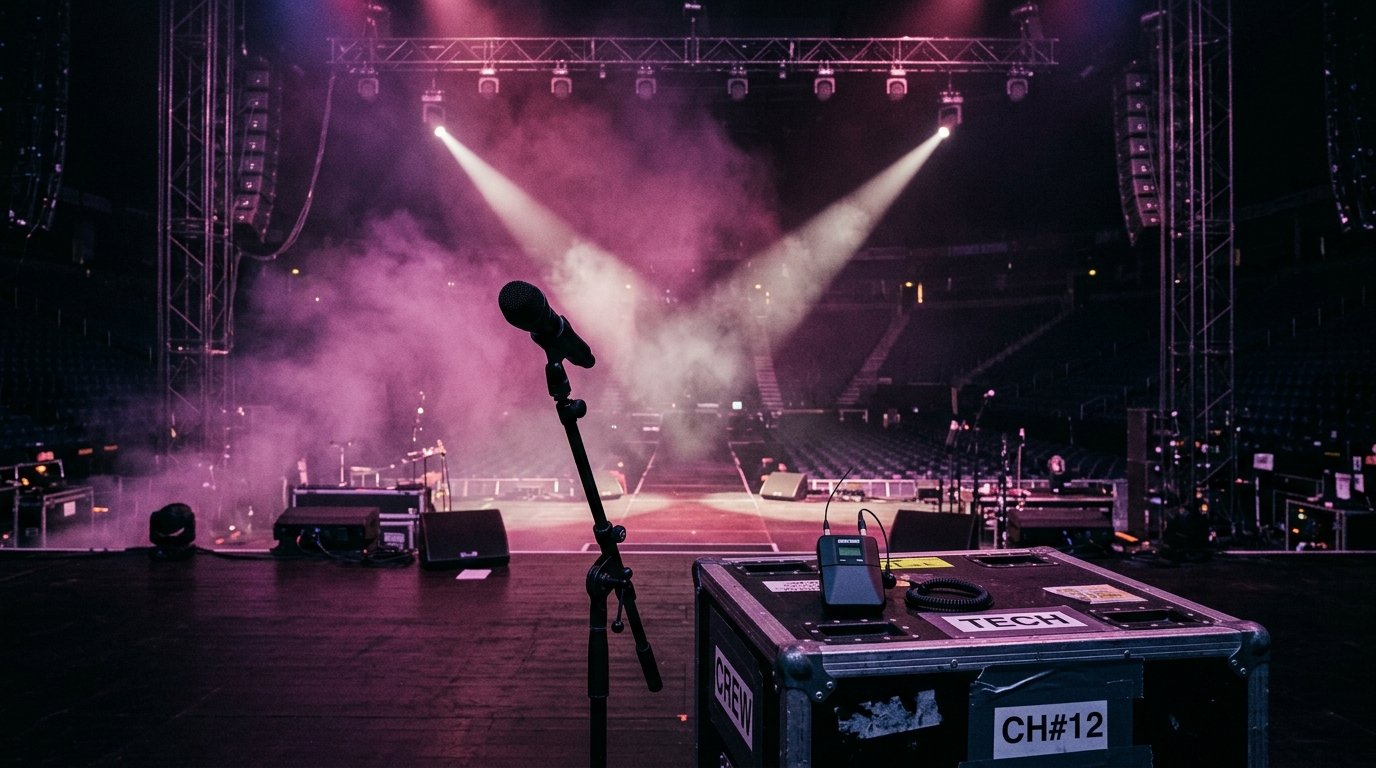 An empty pop concert stage from behind, scaffolding, two arena spotlights cutting through fog, a microphone in the foreground, deep purple and pink stage gels — atmospheric mood image, not a portrait of Ariana Grande.