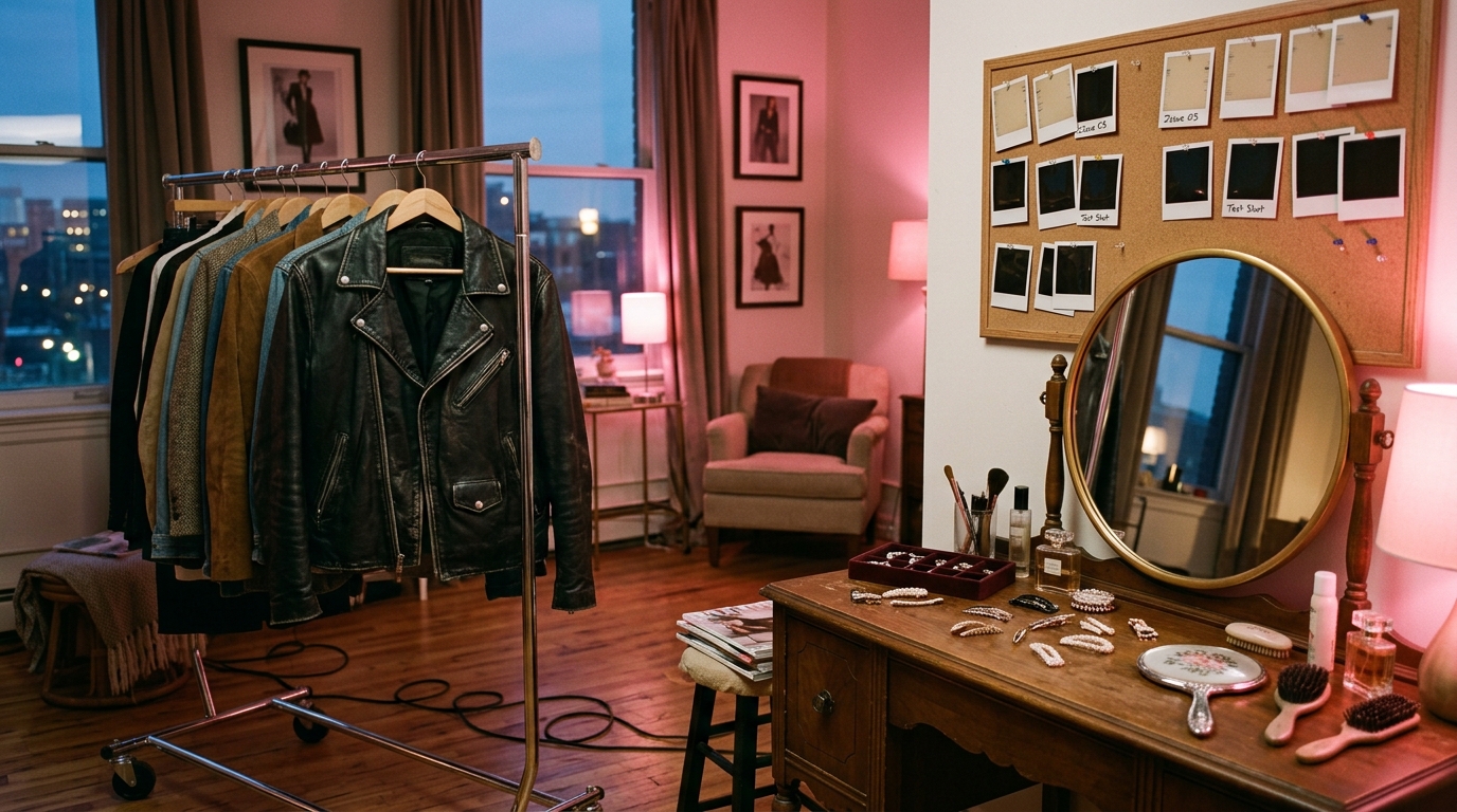 A magazine cover styling room at dusk with a wardrobe rack and a leather jacket, soft pink-magenta tungsten light — atmospheric mood image, not a portrait of Kelly Osbourne.