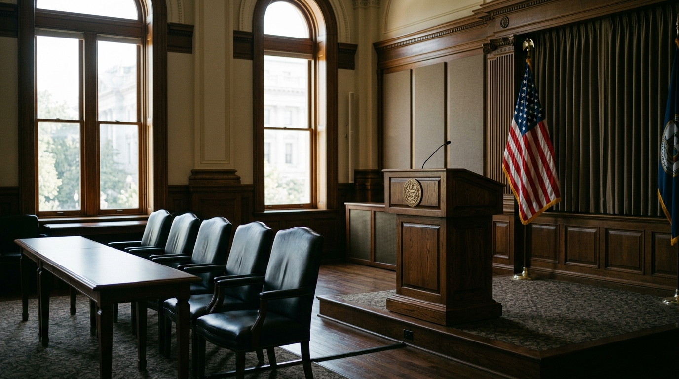 An empty stately government press room with a dark wood lectern, an empty row of leather chairs, an American flag in the background, hard cool morning light through tall windows — atmospheric mood image, not a portrait of Pam Bondi.