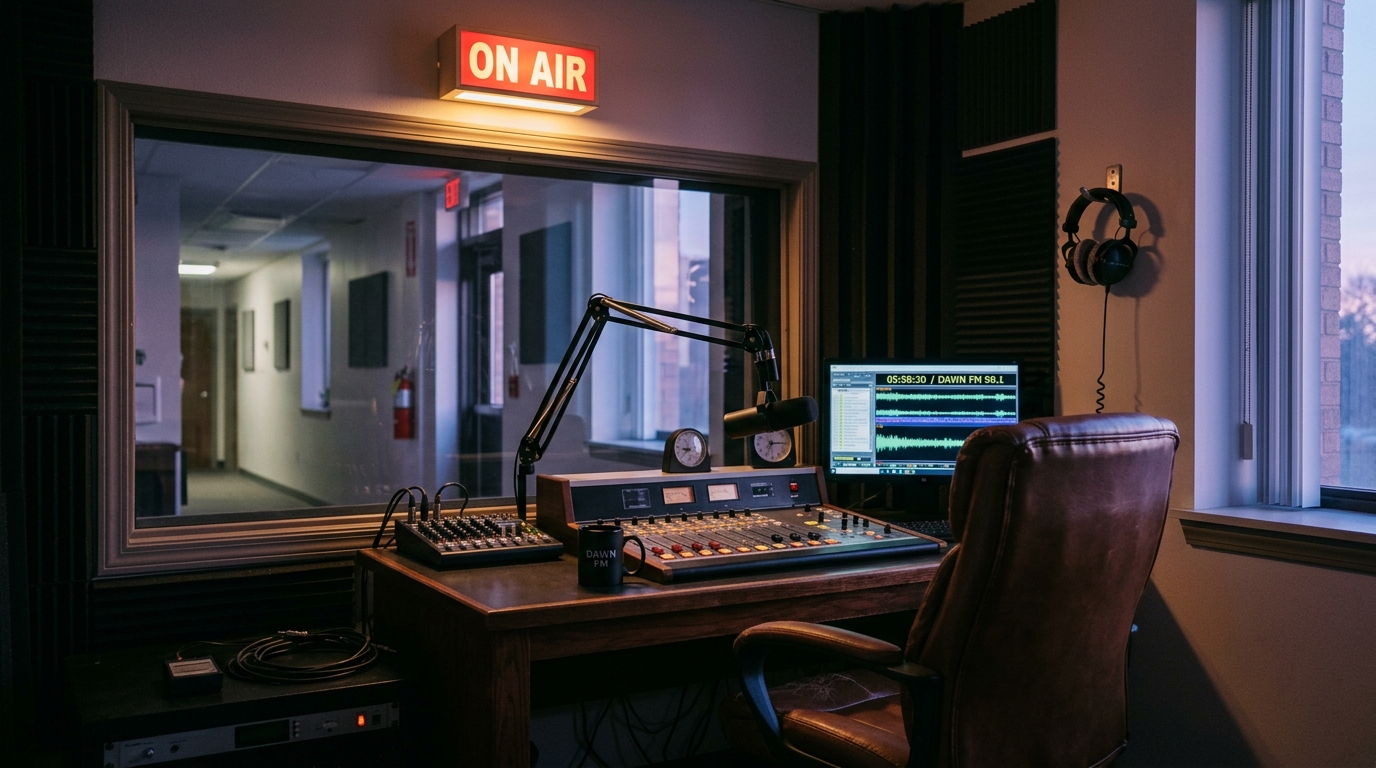 A radio broadcast booth at dawn, an empty leather chair behind a desk, a vintage on-air red light glowing — atmospheric mood image, not a portrait of Ryan Seacrest.