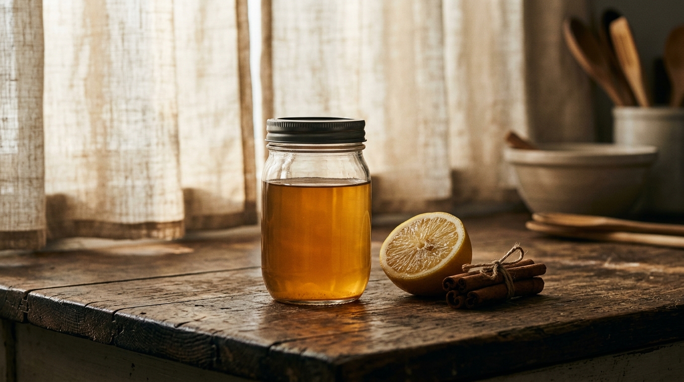 Atmospheric mood image — a small mason jar of golden amber liquid beside a halved lemon and a small bundle of cinnamon sticks on a weathered wood counter.
