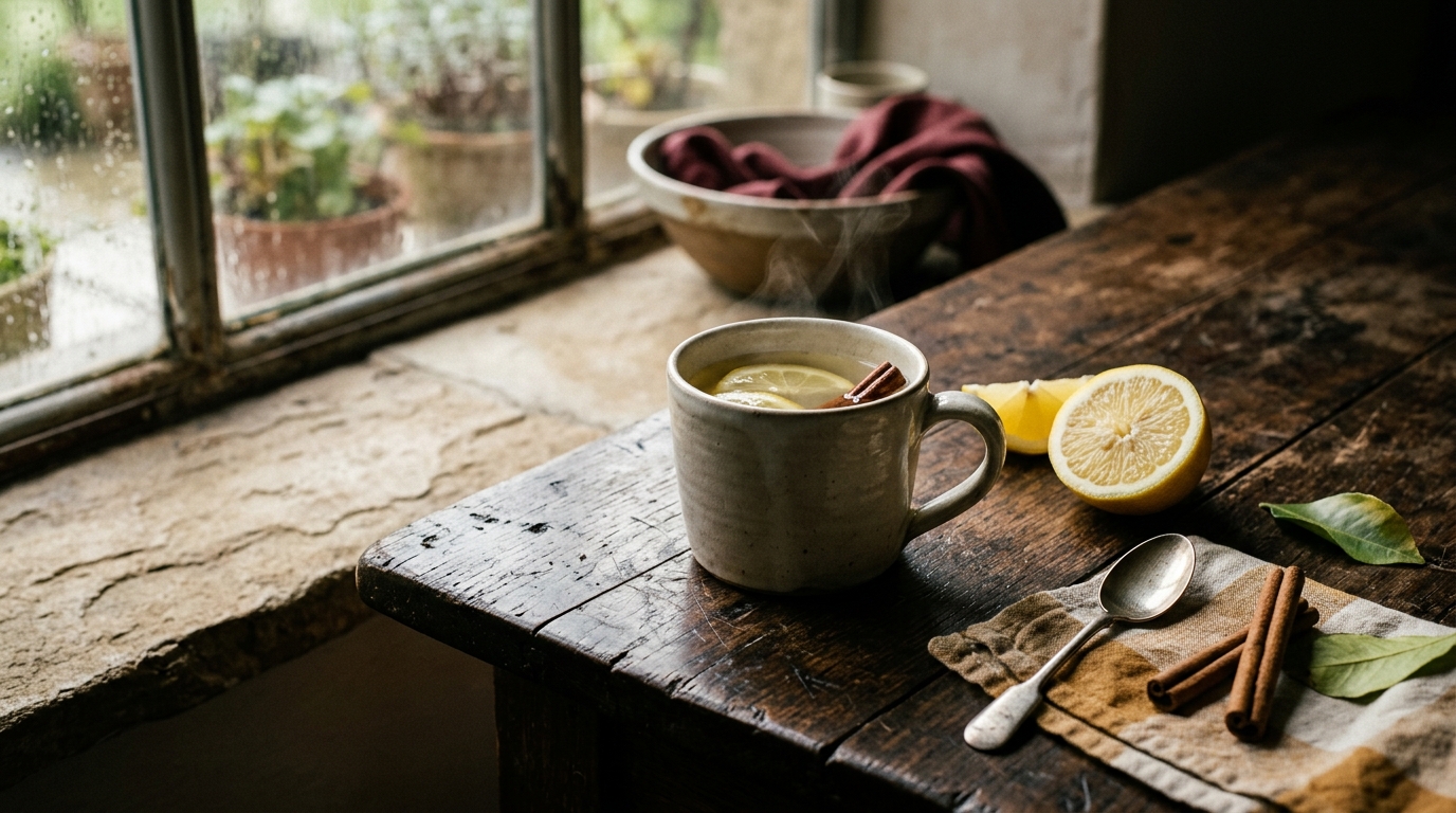 Atmospheric mood image — a ceramic mug of warm lemon water with a slice of lemon and a cinnamon stick on a worn wood table, soft window light, steam rising.