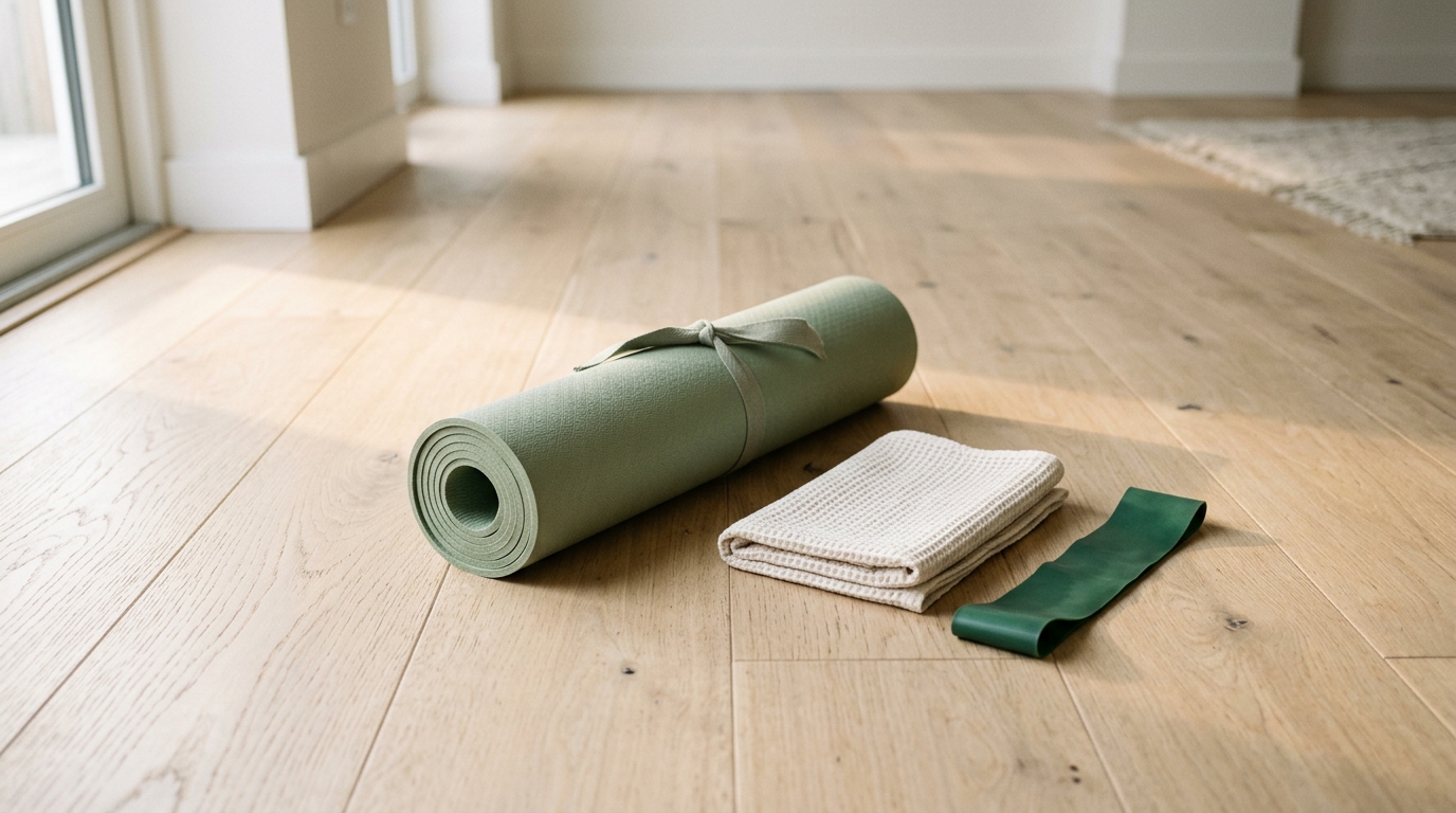 Atmospheric mood image — rolled sage-green yoga mat on a light wood studio floor, small towel and resistance band beside it, soft morning sun streaming across.