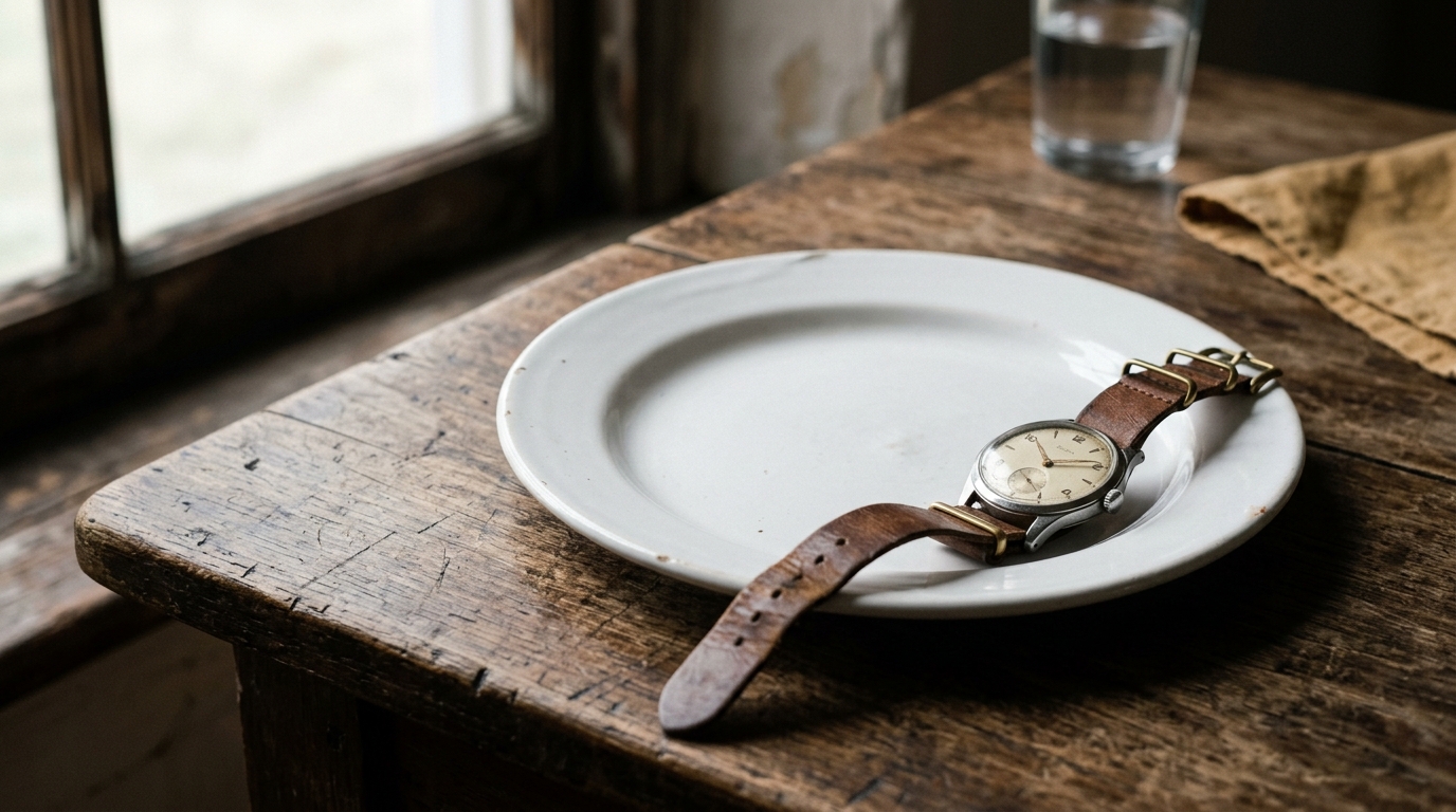 Atmospheric mood image — an empty white ceramic plate on a worn wood table with a vintage analog wristwatch resting on its edge in soft window light.
