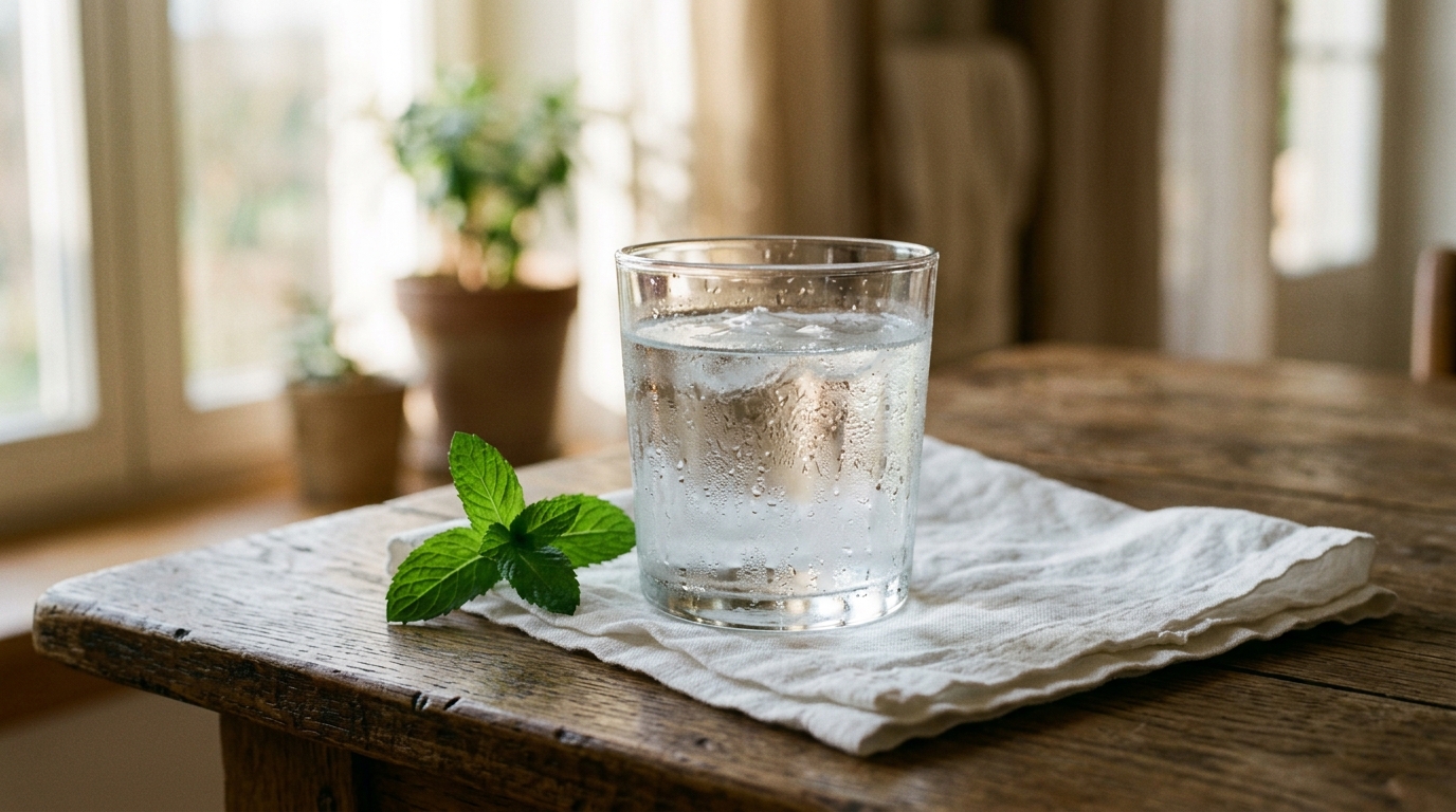 Atmospheric mood image — a clear glass of cold water on a folded white linen napkin in soft morning window light, mint sprig nearby.