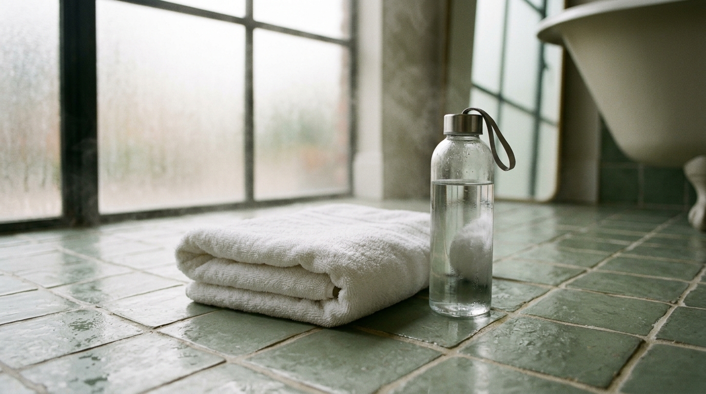 Atmospheric mood image — folded white gym towel and a clear glass water bottle on a sage-green tiled bathroom floor, soft morning light through frosted window.