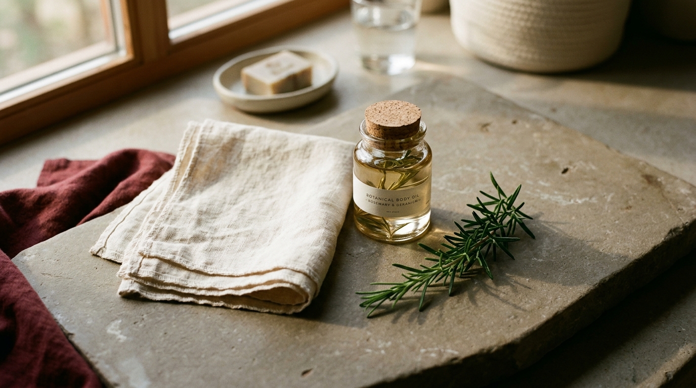Atmospheric mood image — small glass jar of body oil, folded linen washcloth, sprig of rosemary on a stone surface in soft warm side-light.