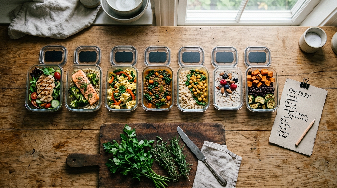 Atmospheric mood image — overhead Sunday meal-prep scene with seven glass containers in a row, herbs on a cutting board, and a handwritten grocery list to the side.