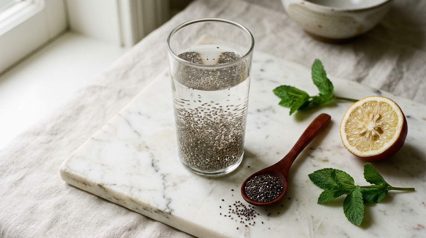 Atmospheric mood image — tall glass of chia seed water on white marble with a wooden spoon of dry chia, half a lemon, and a sprig of mint.