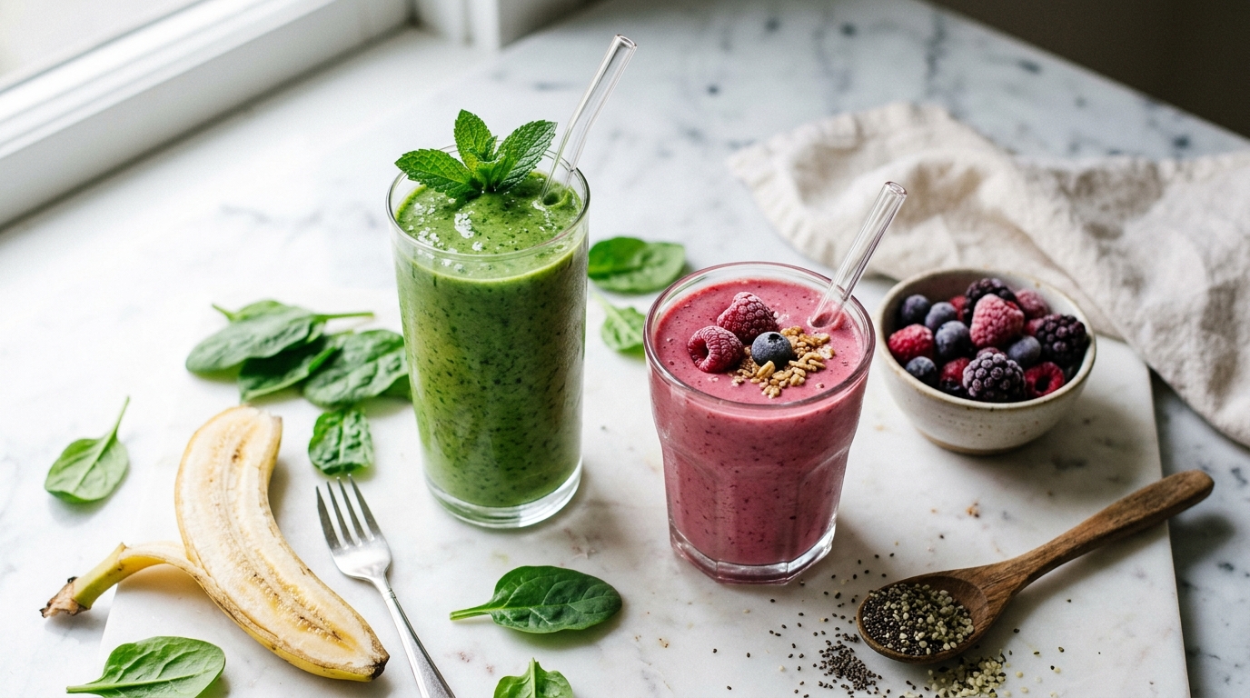 Atmospheric mood image — tall green smoothie next to a smaller pink berry smoothie on white marble with scattered spinach, halved banana, frozen berries, and chia seeds in a wooden spoon.