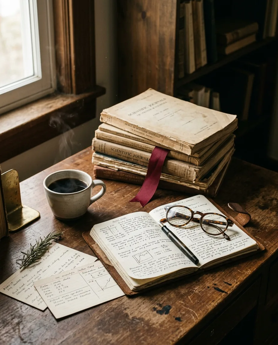 A worn walnut writing desk in window light: stacked scientific journals with a deep-red ribbon bookmark, an open notebook with handwritten research notes, a steaming cup of black coffee, fountain pen, tortoise-shell reading glasses, scattered index cards. Atmospheric editorial mood image.