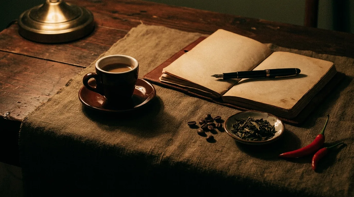 An espresso cup beside an open notebook, scattered coffee beans, green tea leaves, and a chili pepper under warm lamplight — atmospheric mood image, not the product.