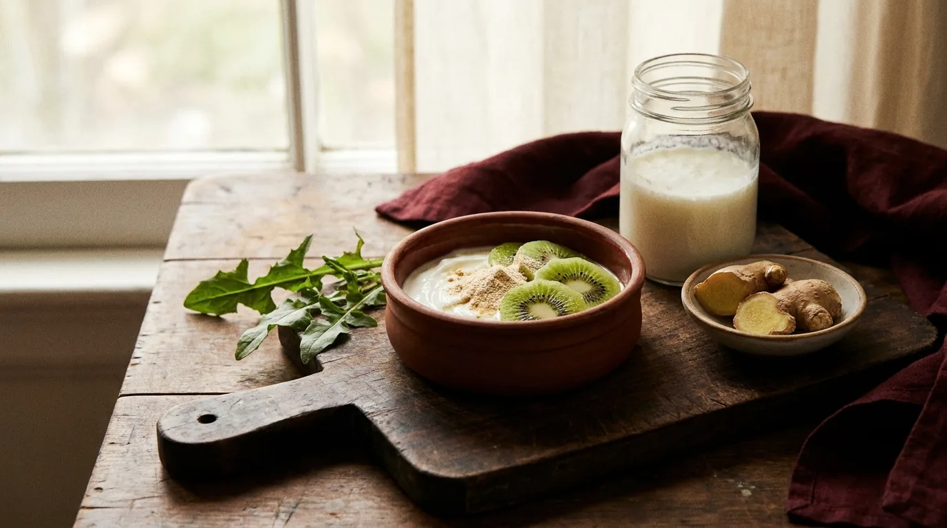 A clay bowl of plain Greek yogurt with sliced kiwi, a glass jar of kefir, fresh ginger, and chicory leaves on worn wood — atmospheric mood image, not the product.